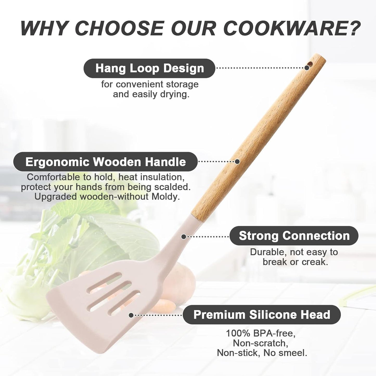 34 PCS Silicone Cooking Utensils Set, Kitchen Utensils Spatula Set with Holder, Wooden Handles Heat Resistant & BPA Free & Non-Toxic - Best Kitchen Tools Gifts for Cookware(Khaki)