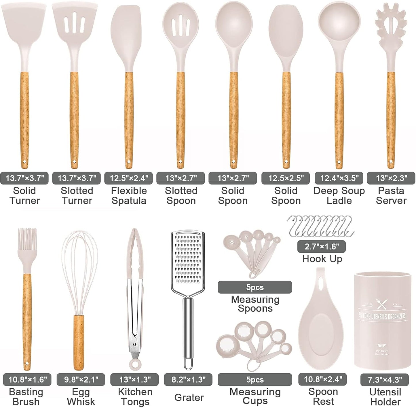 34 PCS Silicone Cooking Utensils Set, Kitchen Utensils Spatula Set with Holder, Wooden Handles Heat Resistant & BPA Free & Non-Toxic - Best Kitchen Tools Gifts for Cookware(Khaki)