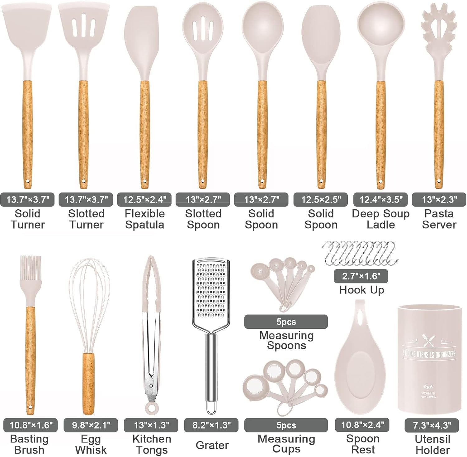 34 PCS Silicone Cooking Utensils Set, Kitchen Utensils Spatula Set with Holder, Wooden Handles Heat Resistant & BPA Free & Non-Toxic - Best Kitchen Tools Gifts for Cookware(Khaki)
