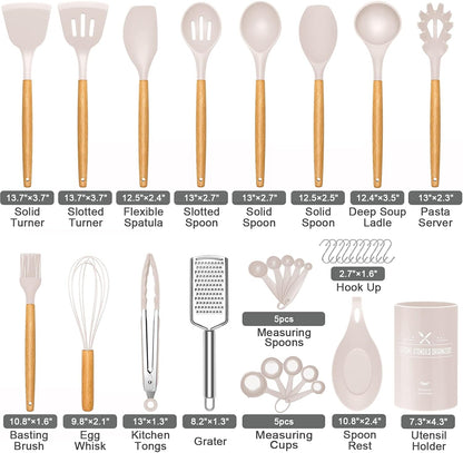 34 PCS Silicone Cooking Utensils Set, Kitchen Utensils Spatula Set with Holder, Wooden Handles Heat Resistant & BPA Free & Non-Toxic - Best Kitchen Tools Gifts for Cookware(Khaki)