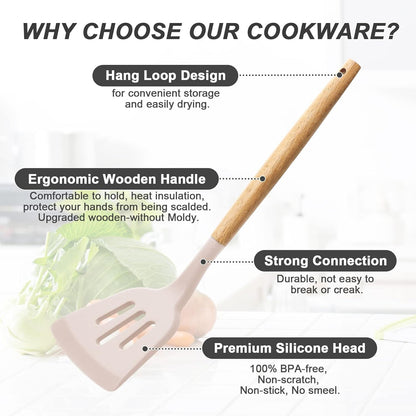 34 PCS Silicone Cooking Utensils Set, Kitchen Utensils Spatula Set with Holder, Wooden Handles Heat Resistant & BPA Free & Non-Toxic - Best Kitchen Tools Gifts for Cookware(Khaki)