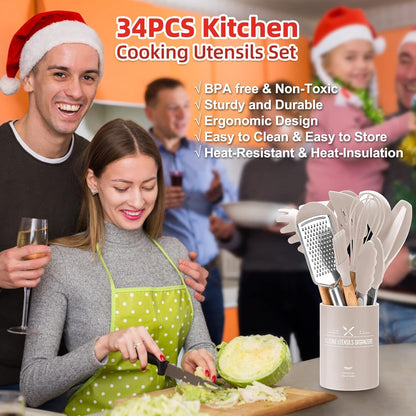 34 PCS Silicone Cooking Utensils Set, Kitchen Utensils Spatula Set with Holder, Wooden Handles Heat Resistant & BPA Free & Non-Toxic - Best Kitchen Tools Gifts for Cookware(Khaki)