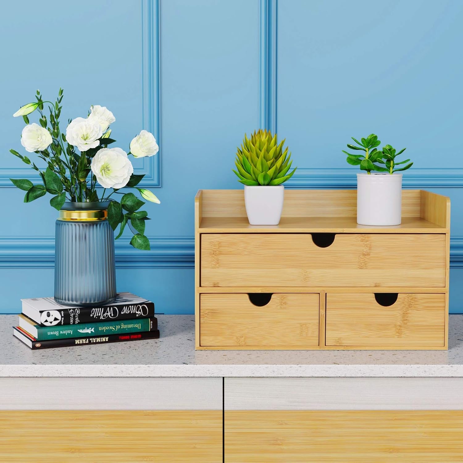 Bamboo Desk Drawer Organizer, Desktop Organizer with Drawers Tabletop Storage Organization Box for Office Home Toiletries Supplies Vanity, No Assembly Required(1 with Shelf-3 Drawers)