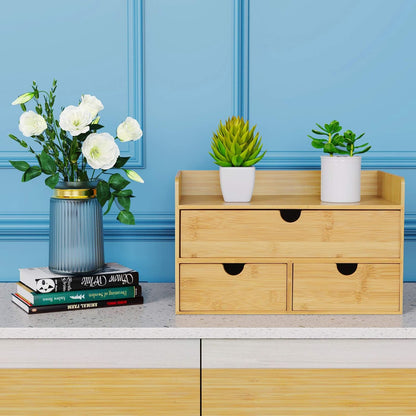 Bamboo Desk Drawer Organizer, Desktop Organizer with Drawers Tabletop Storage Organization Box for Office Home Toiletries Supplies Vanity, No Assembly Required(1 with Shelf-3 Drawers)