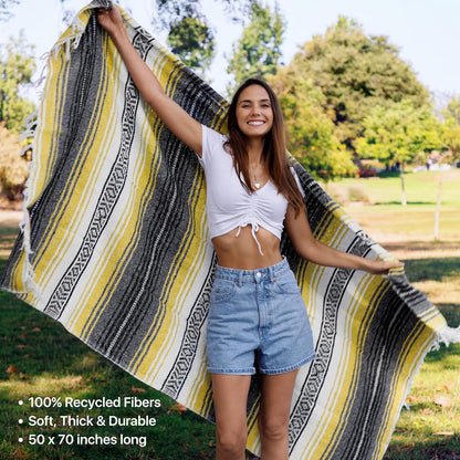Authentic Mexican Blanket – Handwoven Falsa Serape Throw – Beach, Camping, Picnic & Yoga Blanket – Lightweight Cotton Throw for Outdoor & Home – Sunshine, 50X70 In