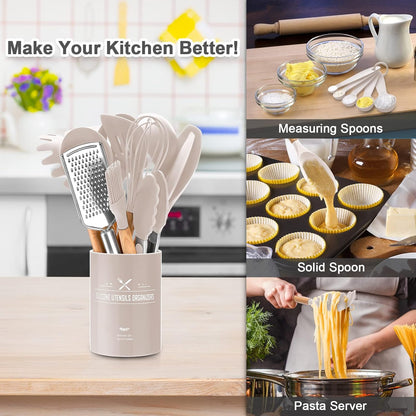 34 PCS Silicone Cooking Utensils Set, Kitchen Utensils Spatula Set with Holder, Wooden Handles Heat Resistant & BPA Free & Non-Toxic - Best Kitchen Tools Gifts for Cookware(Khaki)