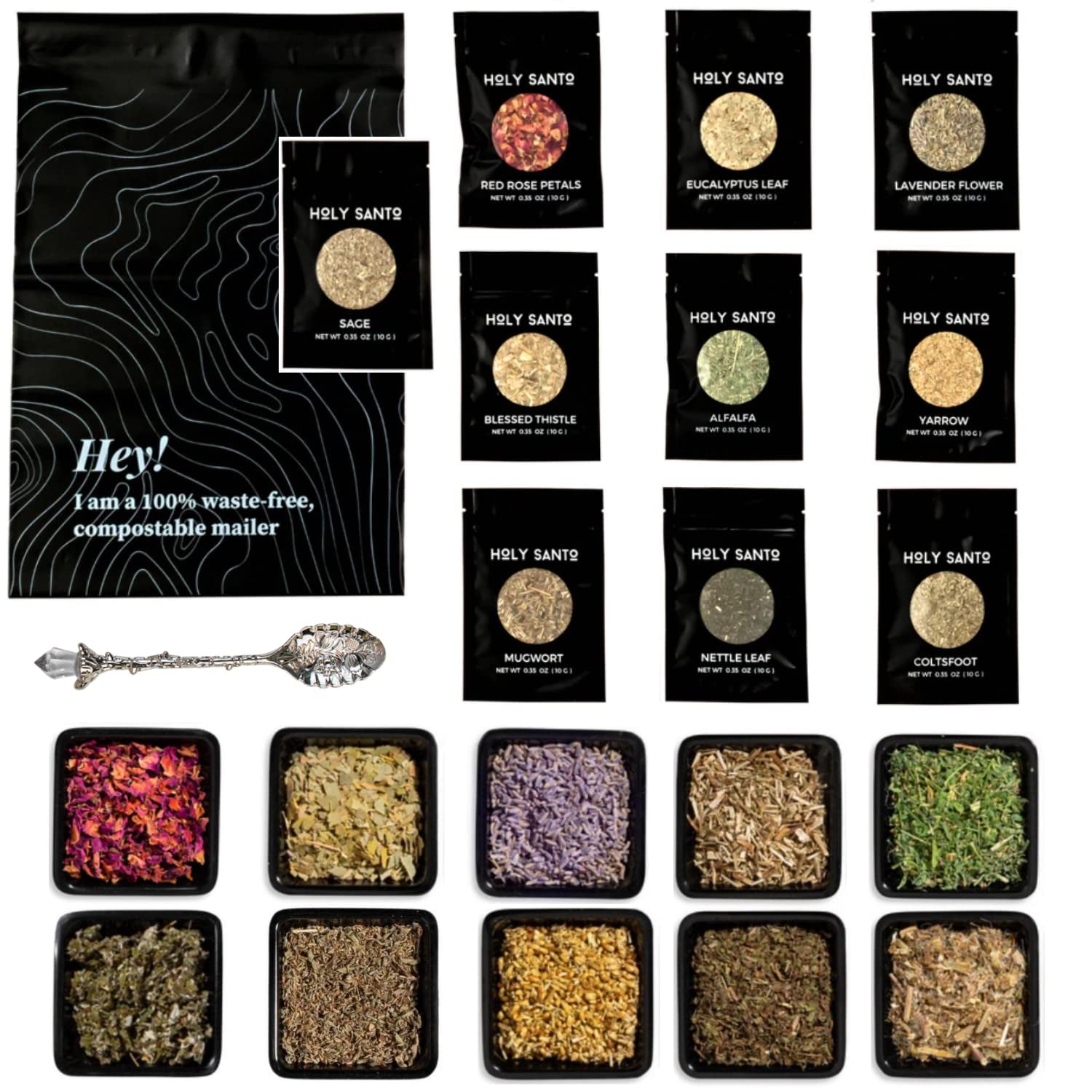 Holy Santo Organic Dried Herbs for Witchcraft Supplies Kit - 10 Witch Herbs for Spells with Crystal Spoon in Beginner Witchcraft Kit - Witchy Gifts, Wiccan Supplies and Tools