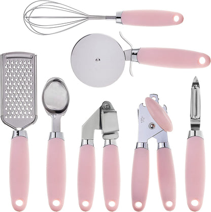 Kitchen Gadget Set Stainless Steel Utensils with Soft Touch Handles, 7 Pieces, Stainless Steel Pink