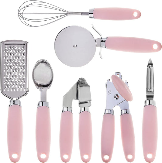 Kitchen Gadget Set Stainless Steel Utensils with Soft Touch Handles, 7 Pieces, Stainless Steel Pink