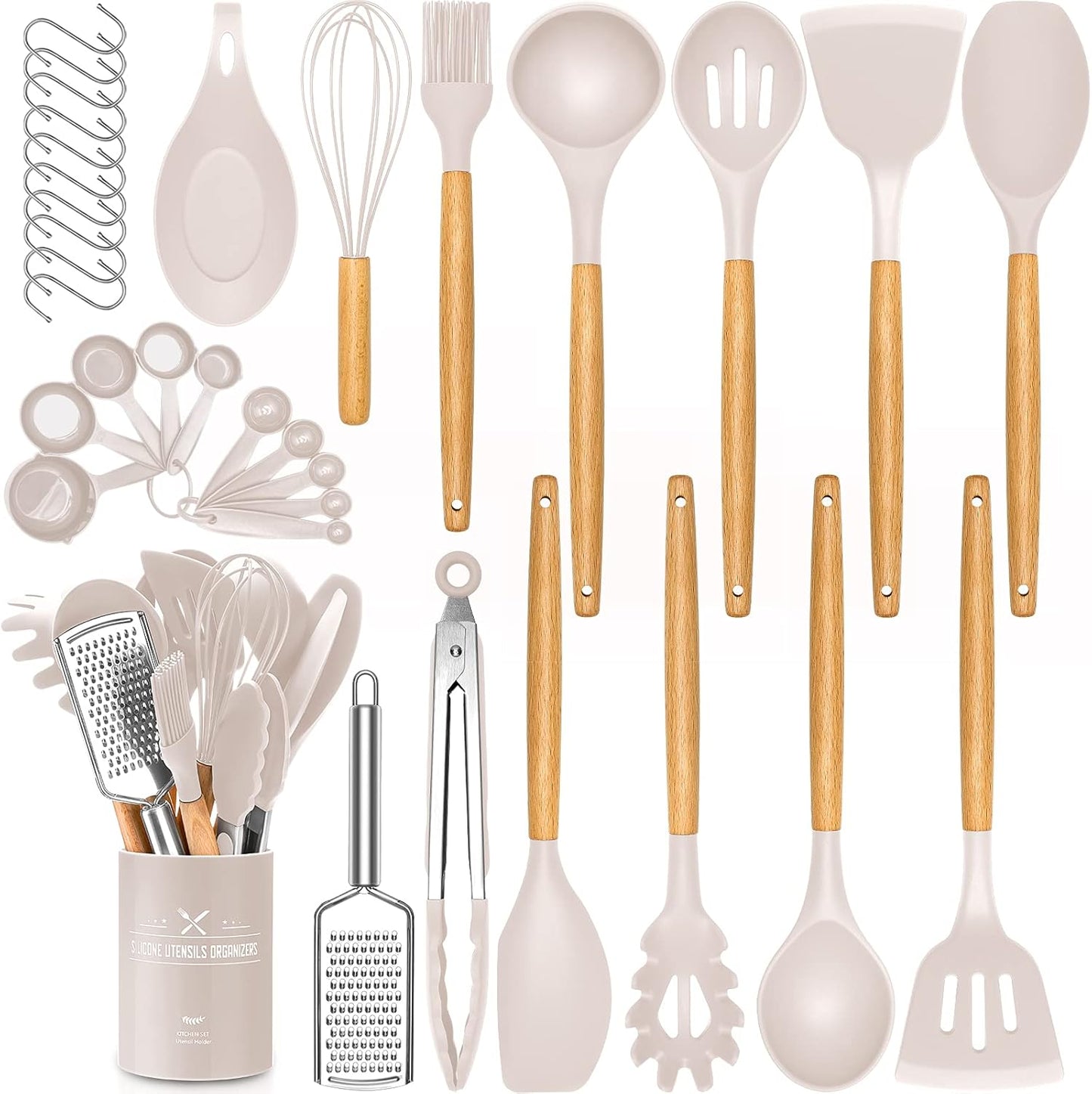 34 PCS Silicone Cooking Utensils Set, Kitchen Utensils Spatula Set with Holder, Wooden Handles Heat Resistant & BPA Free & Non-Toxic - Best Kitchen Tools Gifts for Cookware(Khaki)