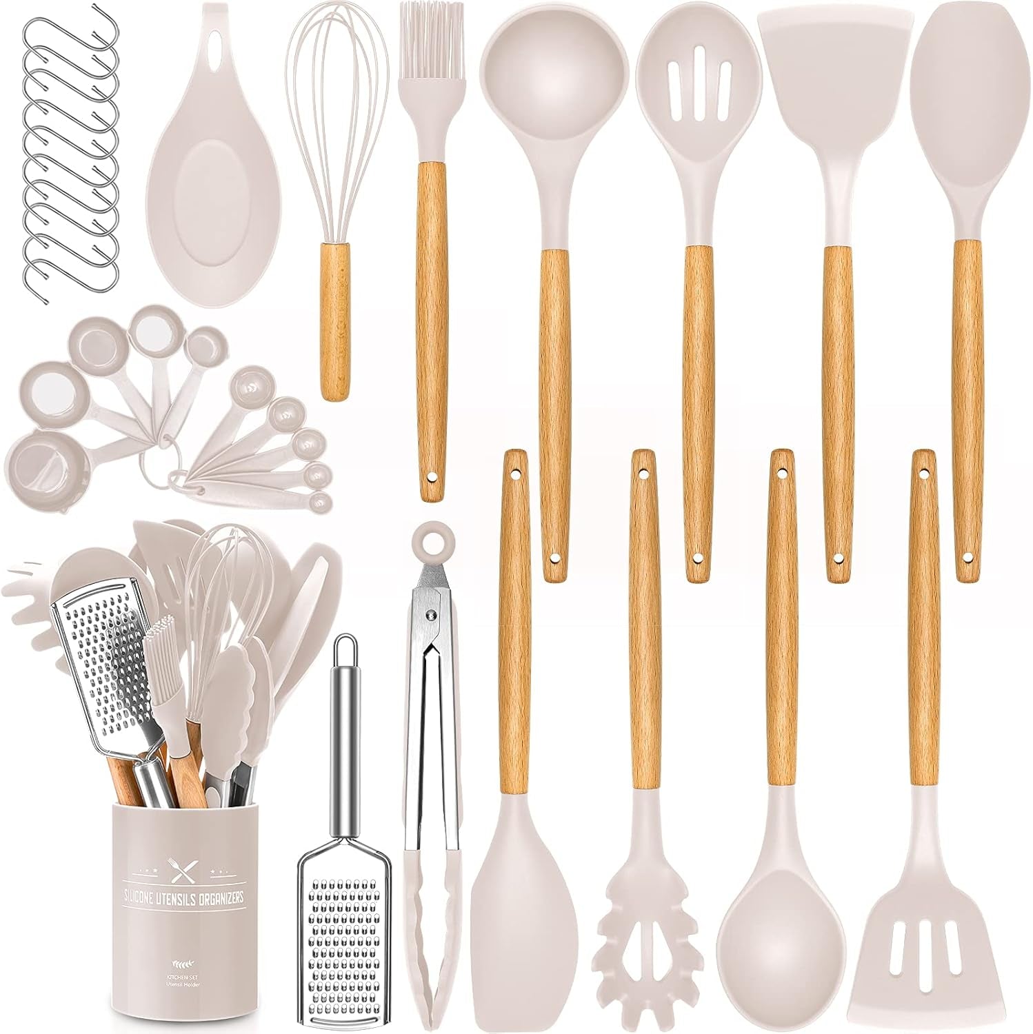 34 PCS Silicone Cooking Utensils Set, Kitchen Utensils Spatula Set with Holder, Wooden Handles Heat Resistant & BPA Free & Non-Toxic - Best Kitchen Tools Gifts for Cookware(Khaki)