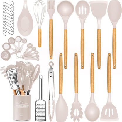 34 PCS Silicone Cooking Utensils Set, Kitchen Utensils Spatula Set with Holder, Wooden Handles Heat Resistant & BPA Free & Non-Toxic - Best Kitchen Tools Gifts for Cookware(Khaki)