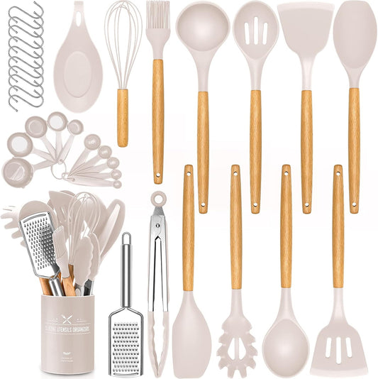 34 PCS Silicone Cooking Utensils Set, Kitchen Utensils Spatula Set with Holder, Wooden Handles Heat Resistant & BPA Free & Non-Toxic - Best Kitchen Tools Gifts for Cookware(Khaki)