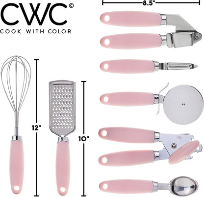 Kitchen Gadget Set Stainless Steel Utensils with Soft Touch Handles, 7 Pieces, Stainless Steel Pink