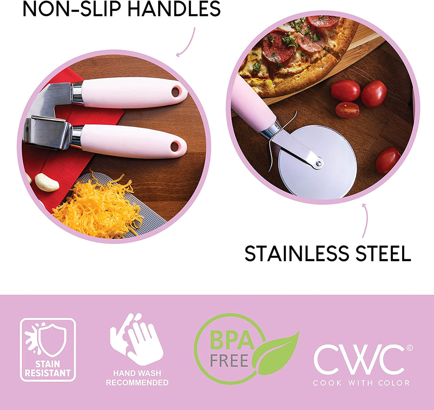Kitchen Gadget Set Stainless Steel Utensils with Soft Touch Handles, 7 Pieces, Stainless Steel Pink