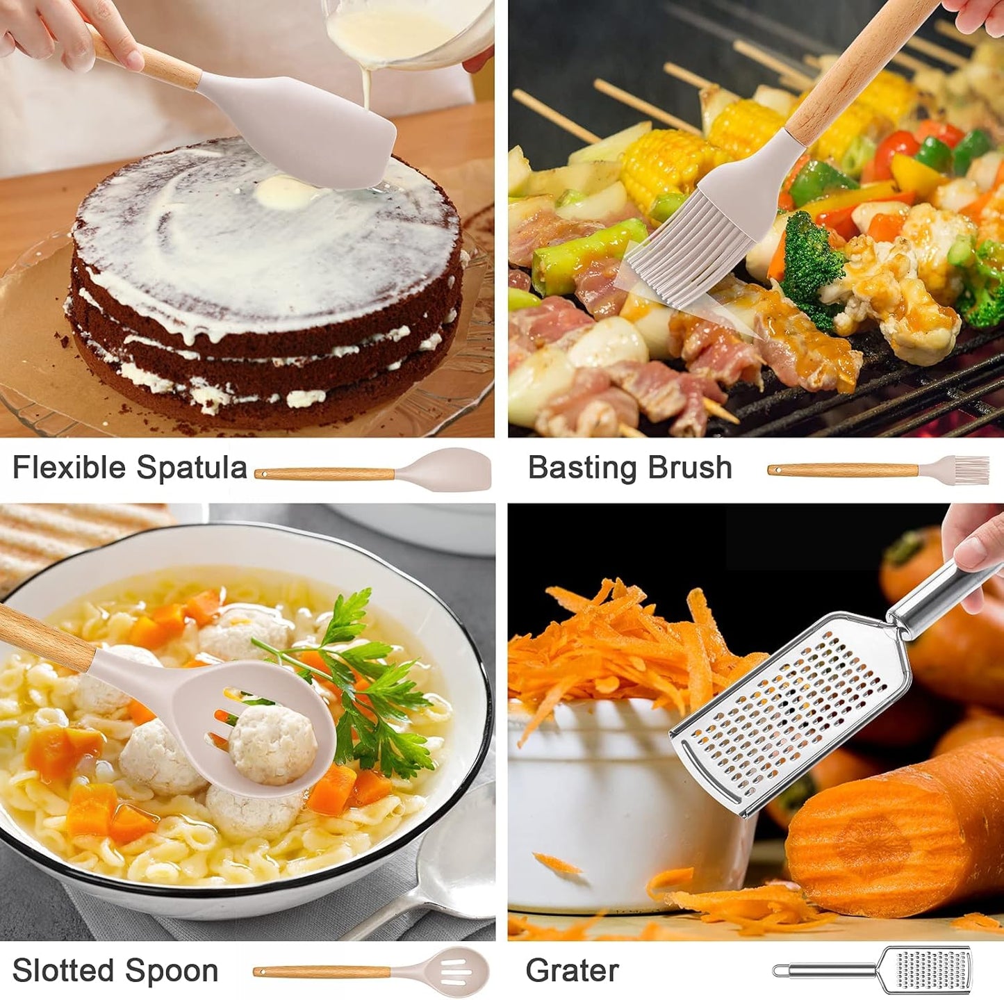 34 PCS Silicone Cooking Utensils Set, Kitchen Utensils Spatula Set with Holder, Wooden Handles Heat Resistant & BPA Free & Non-Toxic - Best Kitchen Tools Gifts for Cookware(Khaki)