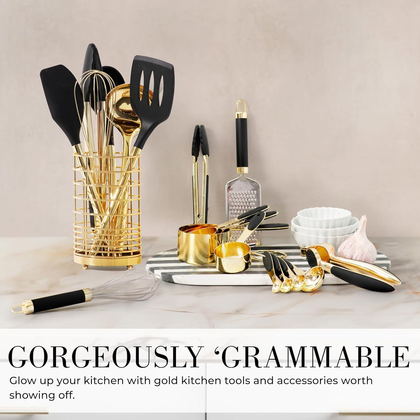 Black and Gold Kitchen Utensils Set - 23-Piece Luxury Kitchen Accessories Includes Gold Measuring Cups, Spoons, Silicone Cooking Utensils and Tools for Baking, Cooking, and Stylish Kitchen Decor