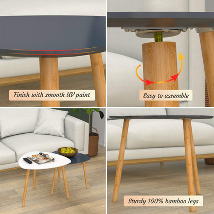 Bamboo Nesting Coffee Tables - Small Coffee Table for Living Room, Set of 2 Triangle End Table Modern Side Table for Bedroom Apartment Balcony Yard Small Spaces, (White & Gray)