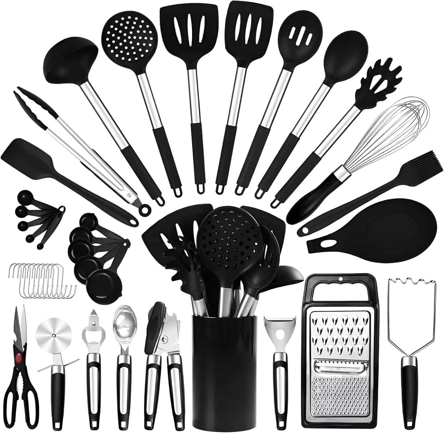 40Pcs Silicone Cooking Utensils Set 446℉ Heat Resistance, RFAQK BPA Free Kitchen Utensils Set for Nonstick Cookware, Gadgets Includes Can Opener, Potato Smasher,Peeler,Tongs,Spatula Set,Pizza Cutter