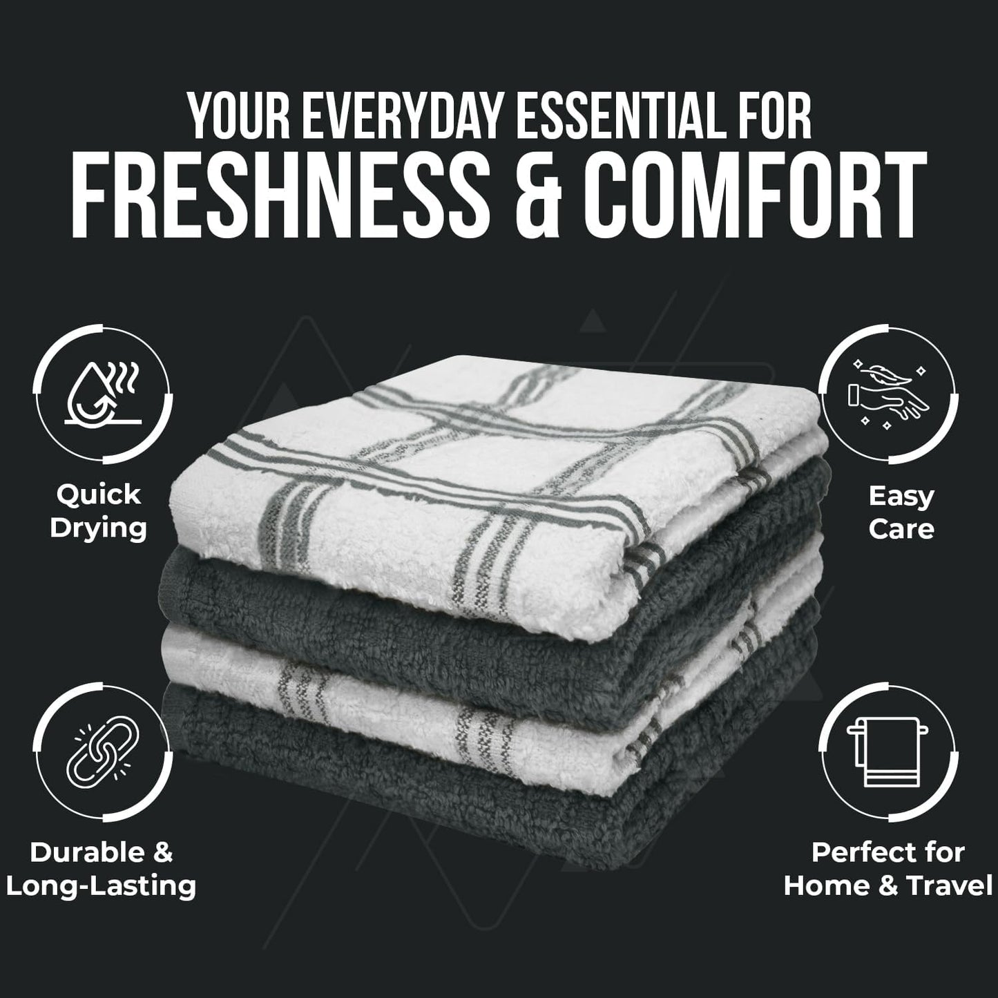 Premium Dish Cloth 100% Cotton 12 X 12 Inches |Pack of 8|-Ultra Soft Tea Towels-Highly Absorbent Kitchen Rags-Terry Dishcloth for Kitchen and Household Cleaning |Grey|