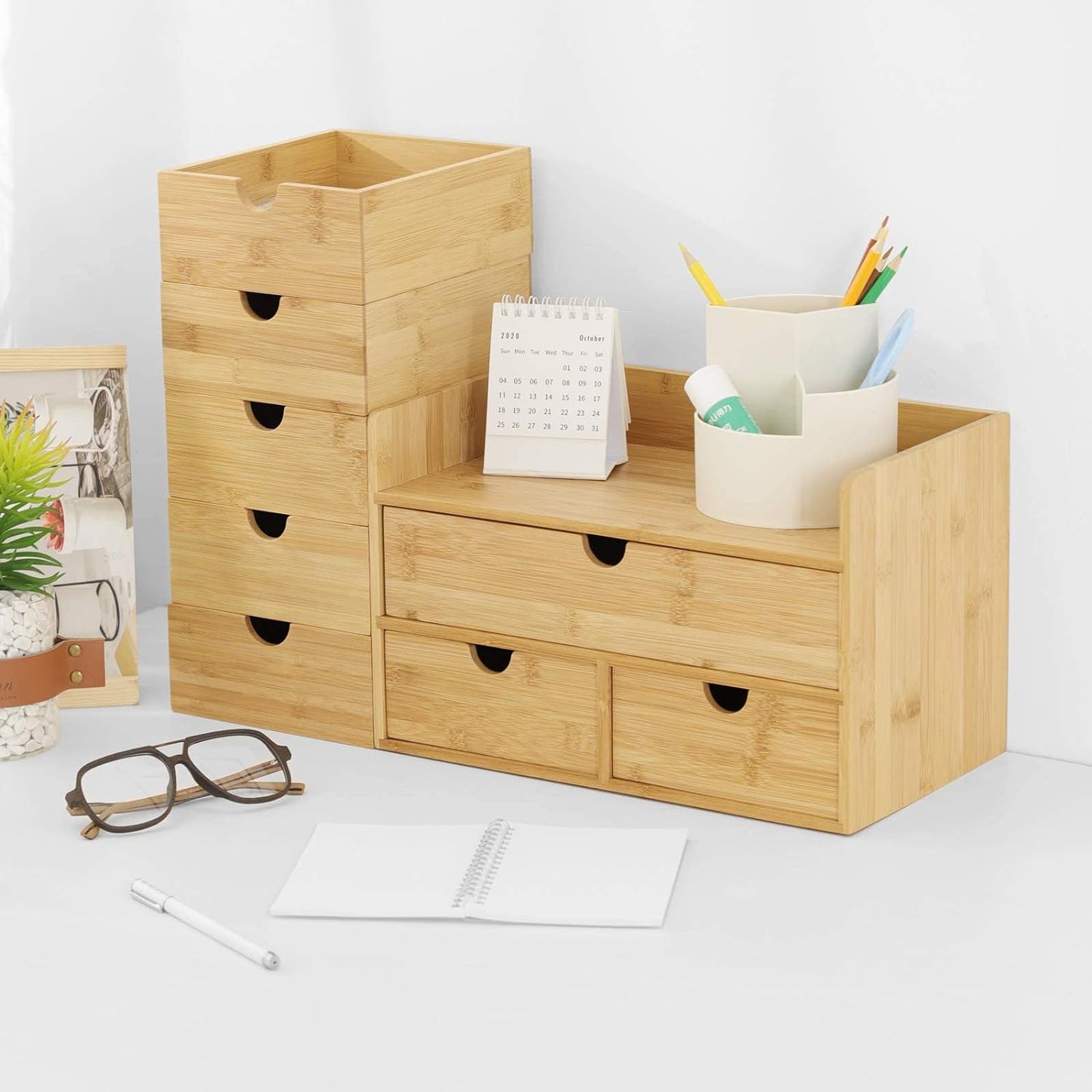 Bamboo Desk Drawer Organizer, Desktop Organizer with Drawers Tabletop Storage Organization Box for Office Home Toiletries Supplies Vanity, No Assembly Required(1 with Shelf-3 Drawers)