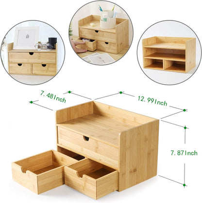 Bamboo Desk Drawer Organizer, Desktop Organizer with Drawers Tabletop Storage Organization Box for Office Home Toiletries Supplies Vanity, No Assembly Required(1 with Shelf-3 Drawers)