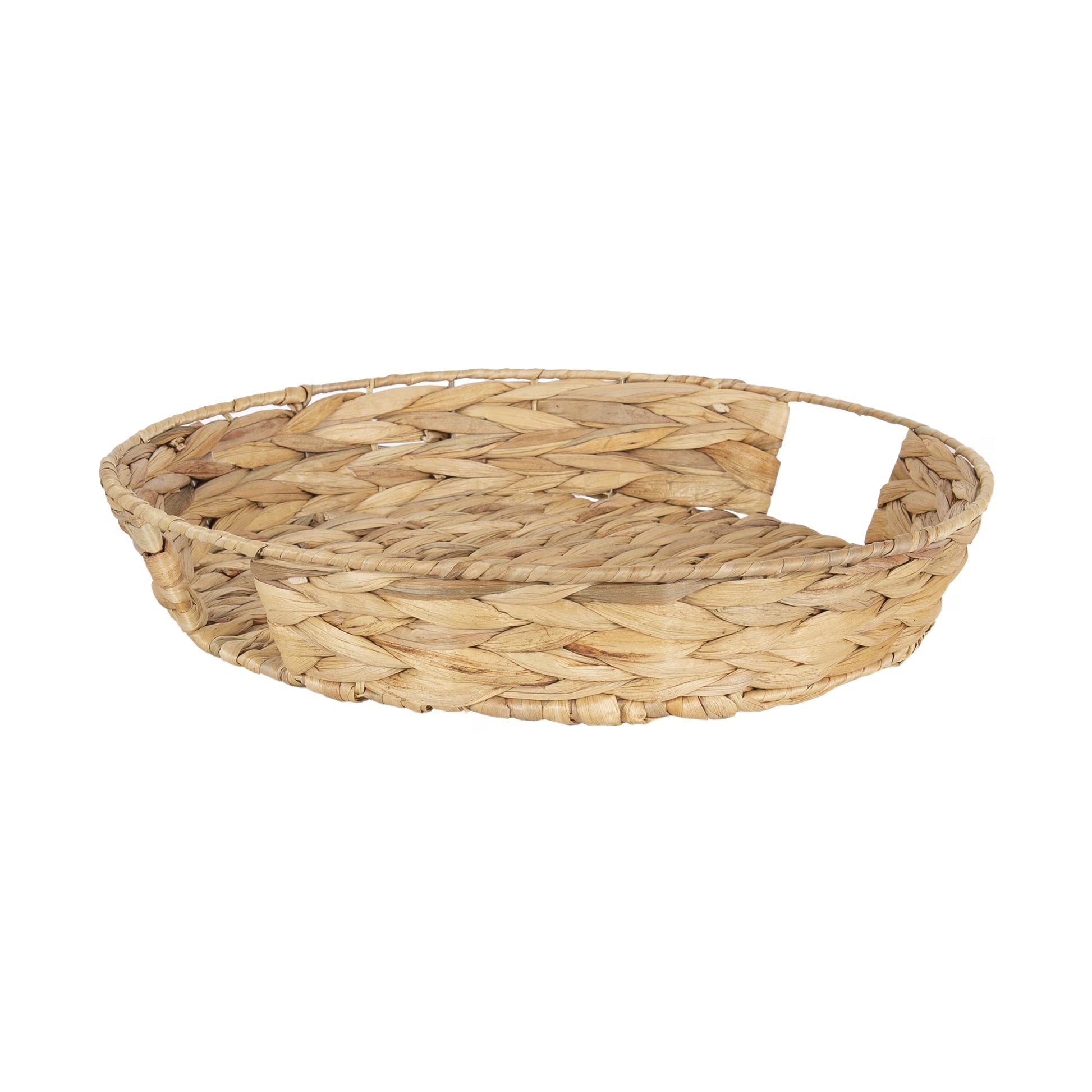 16" Tan round Water Hyacinth Woven Decorative Tray with Handles