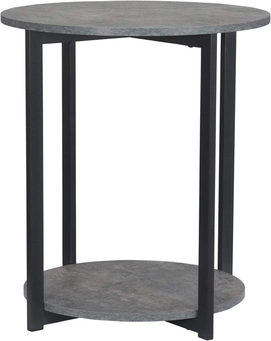 Jamestown round Side End Table with Storage Shelf Rustic Slate Concrete and Black Metal